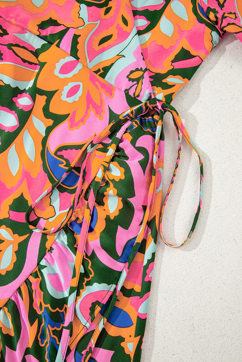 Summer Plant Print Surpliced V Neck Ruffled Asymmetric Slit Wide Short Sleeve Maxi Dress