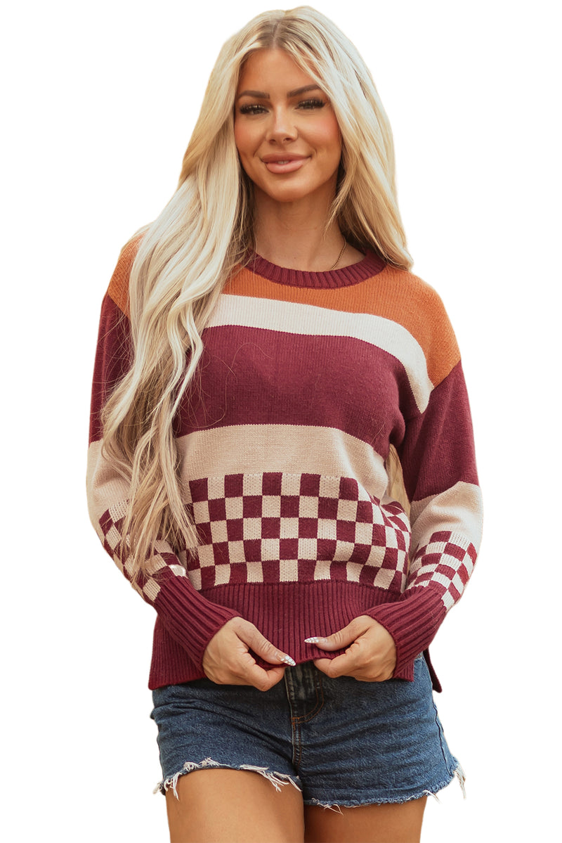 Checkered Color Block Knitted Drop Shoulder Sweater