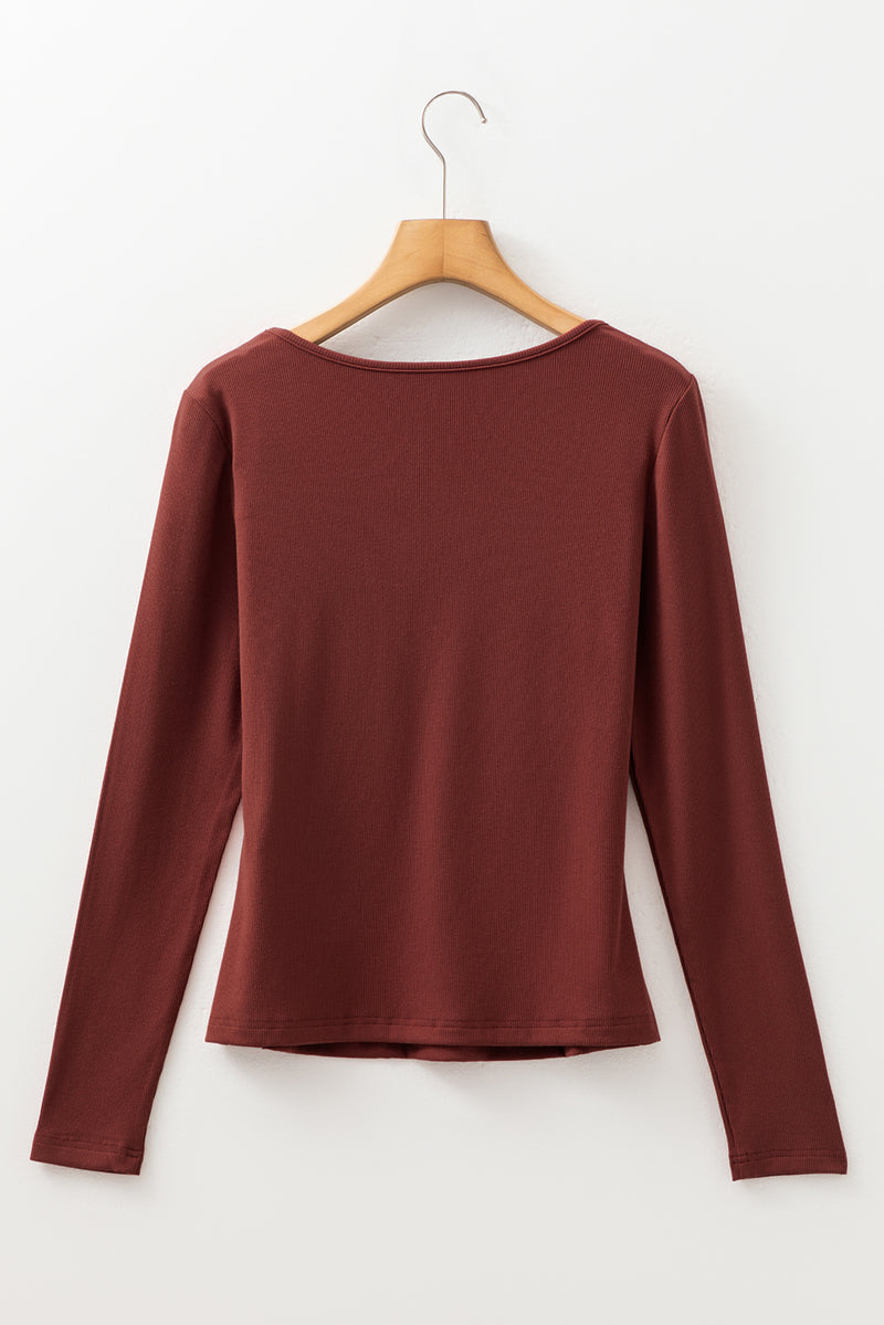 Gathered Bust Square Neck Ribbed Fit Long Sleeve Top