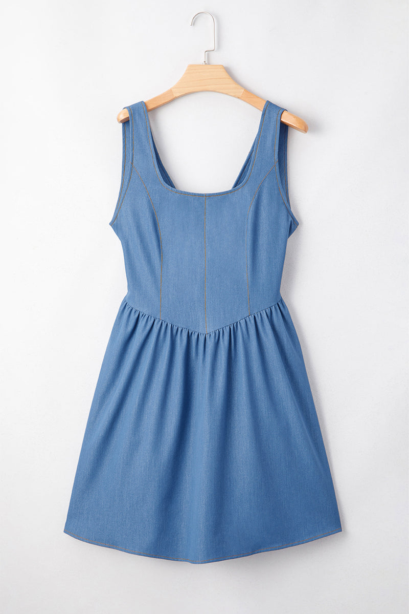 Square Neck Pleated Waist V Cut Backless Tied Fit and Flare Dress