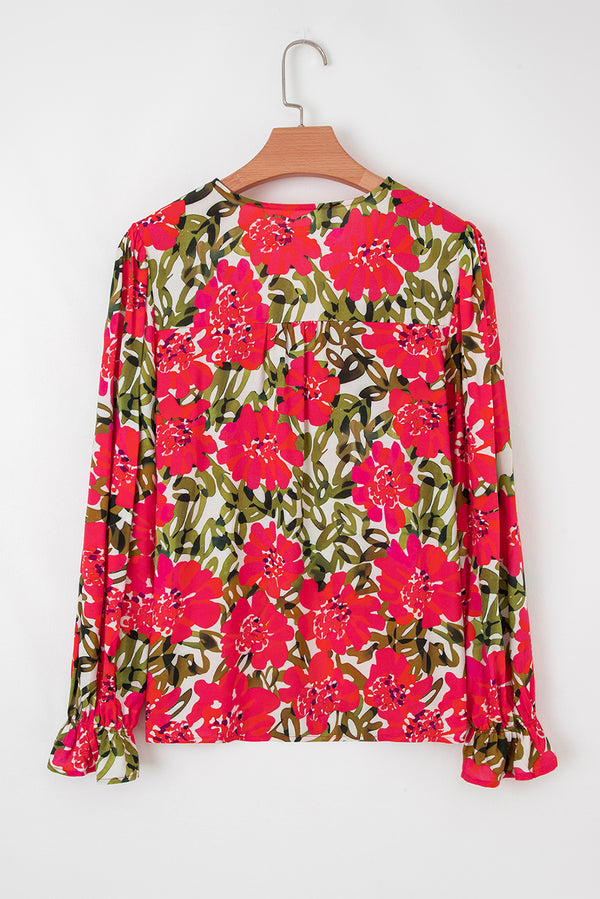 Floral Print Lace up V Neck Flounce Sleeve Blouse