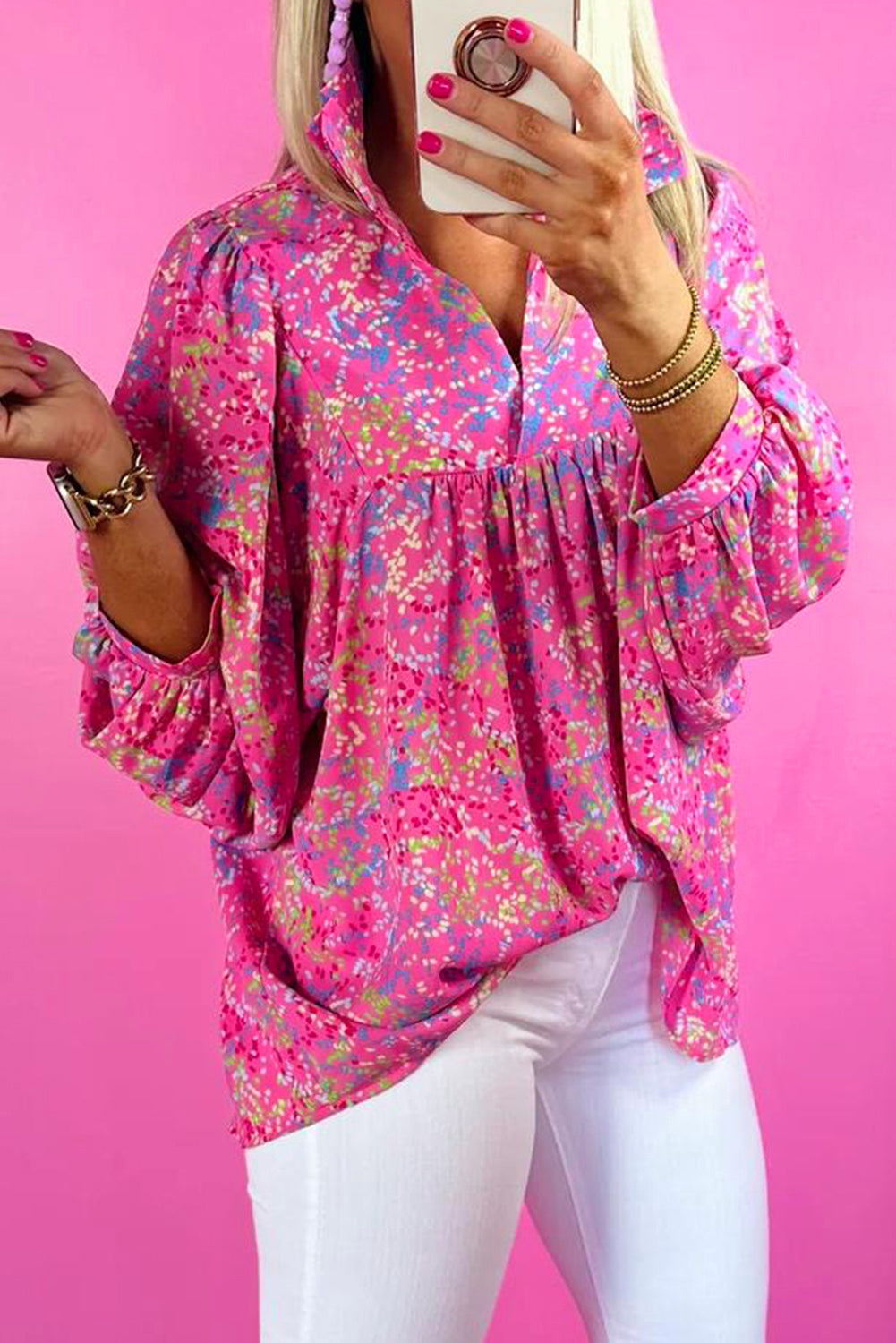 Abstract Print Collared V Neck Baby doll Blouse
