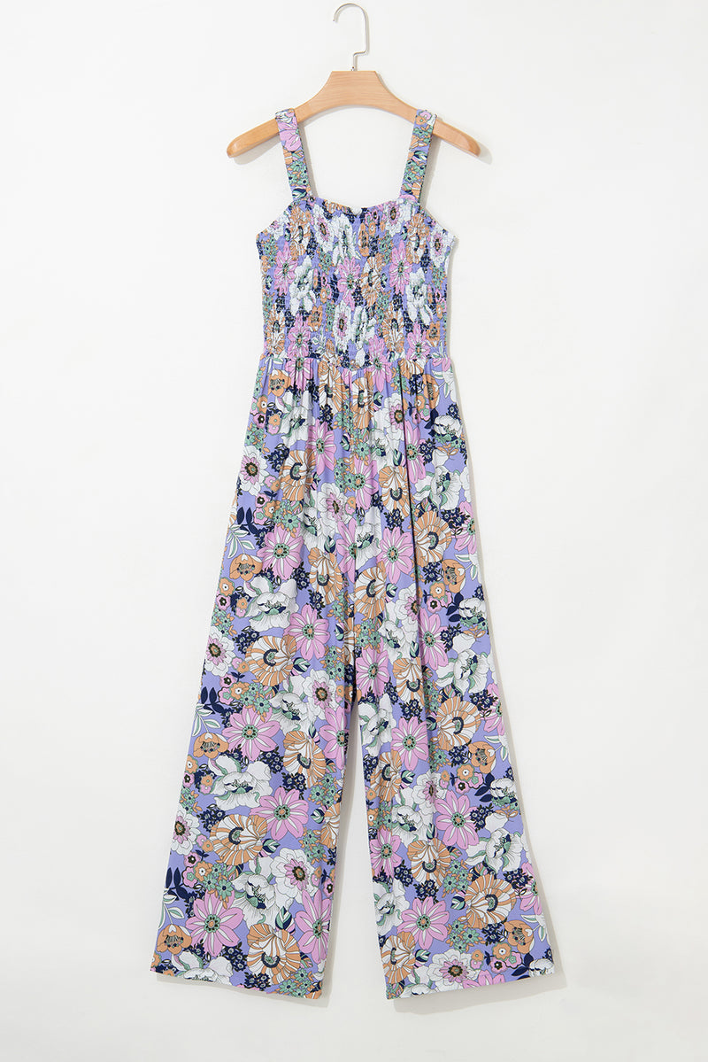 Floral Print Smocked High Waist Square Neck Jumpsuit
