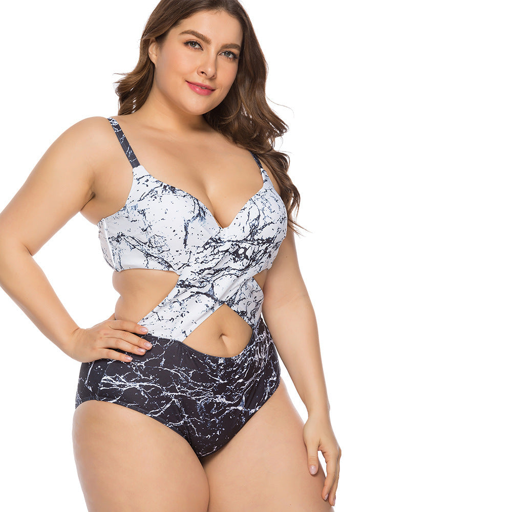 Plus Size Marble Print Cutout One-Piece Swimsuit