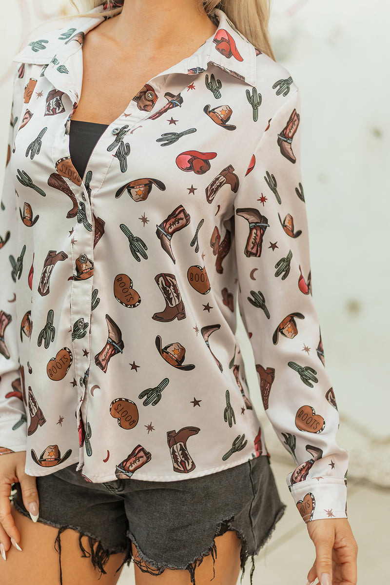Western Fashion Print Button Up Casual Shirt