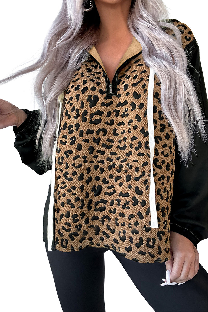 Leopard Patchwork Contrast Stitching Knotted Cuff Quarter Zip Hoodie