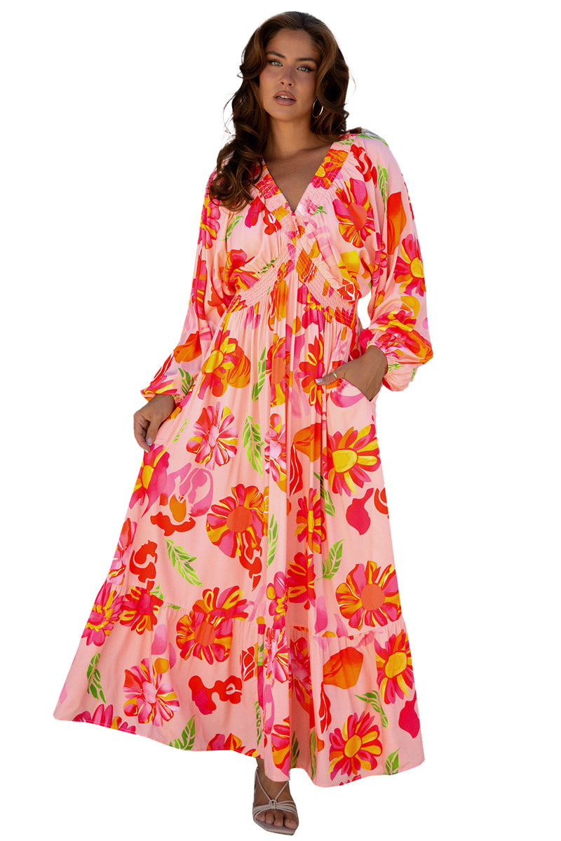 Floral Print Smocked Detail V Neck Puff Sleeve Flowy Maxi Dress