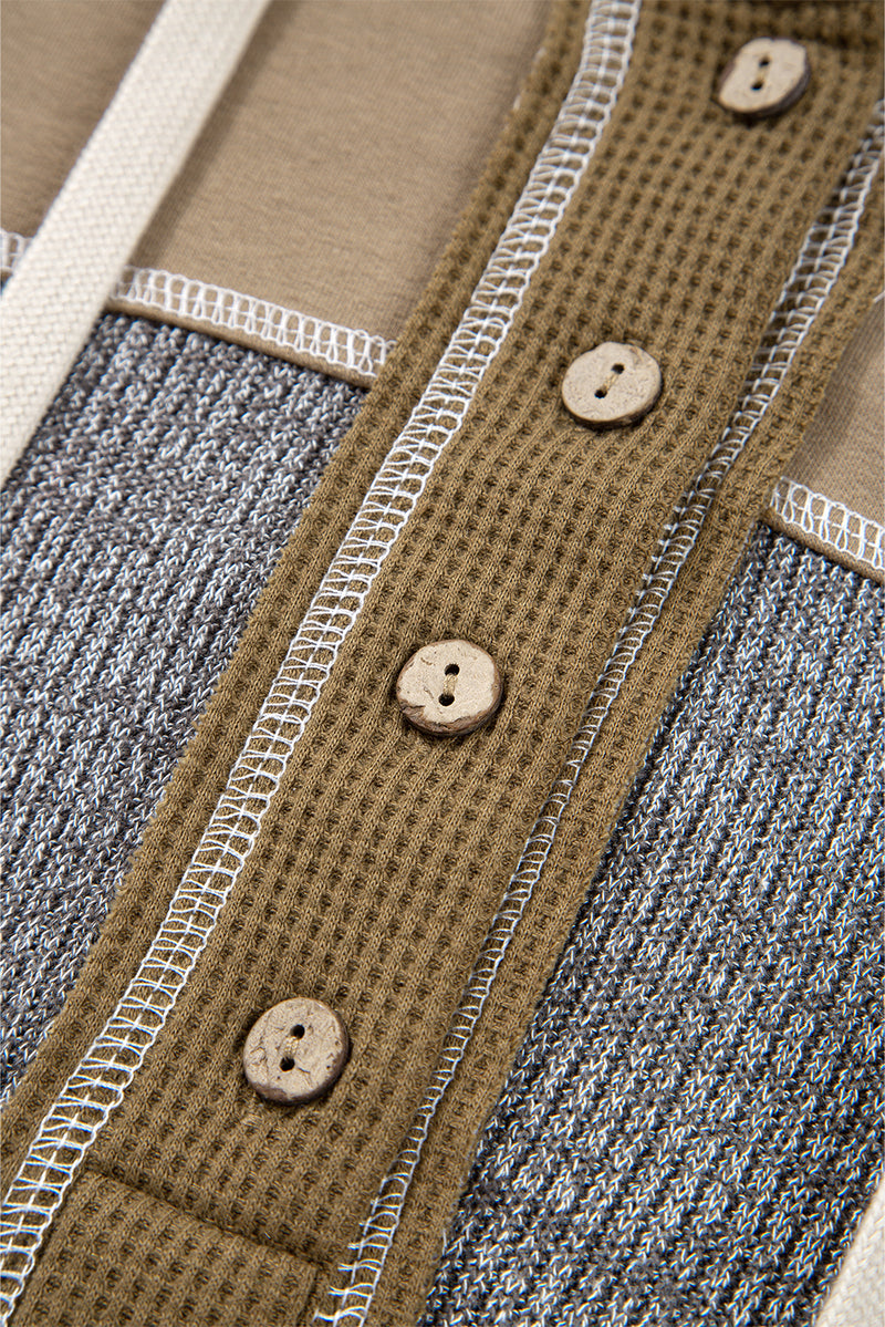 Mixed Texture Patchwork Exposed Seam Half Button Pullover Hooded Sweatshirt