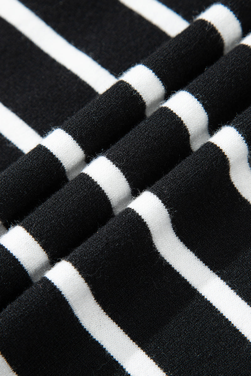 Stripe Ribbed Trim Round Neck Bubble Sleeve Knitted Top