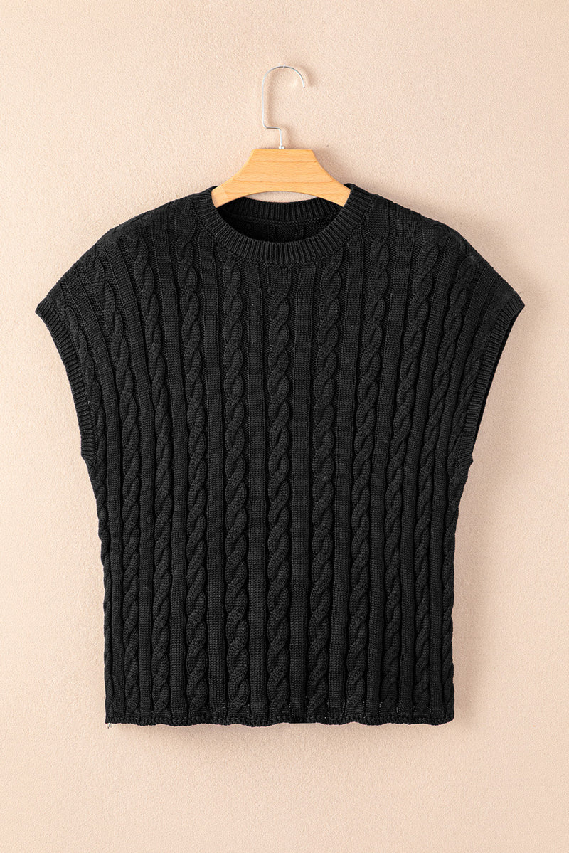 Solid Crew Neck Cable Knit Short Sleeve Sweater