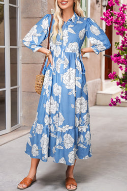 Floral Print Shirt Collar Button Down 3/4 Sleeve Ruffle Hem Long Dress