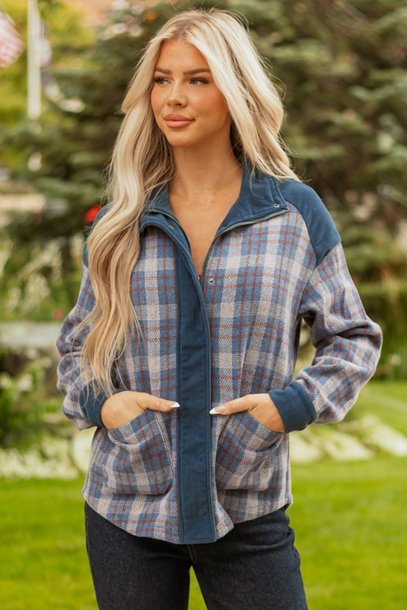 Plaid Corduroy Patchwork Collared Zip Up Snap Button Jacket