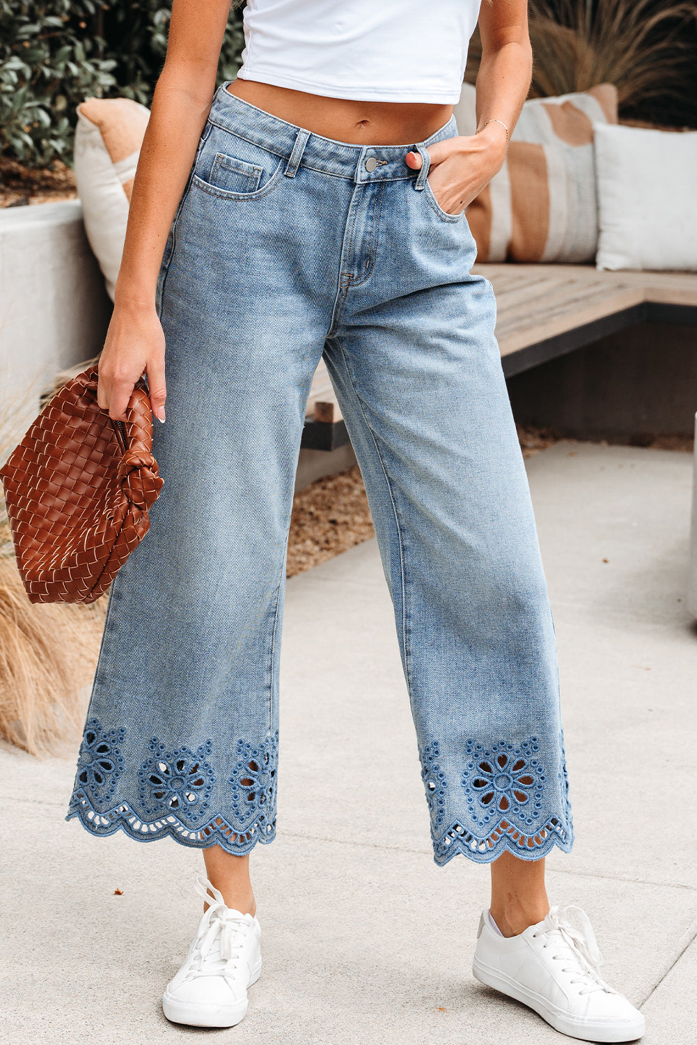 Embroidered Cropped Wide Leg High Waist Jeans