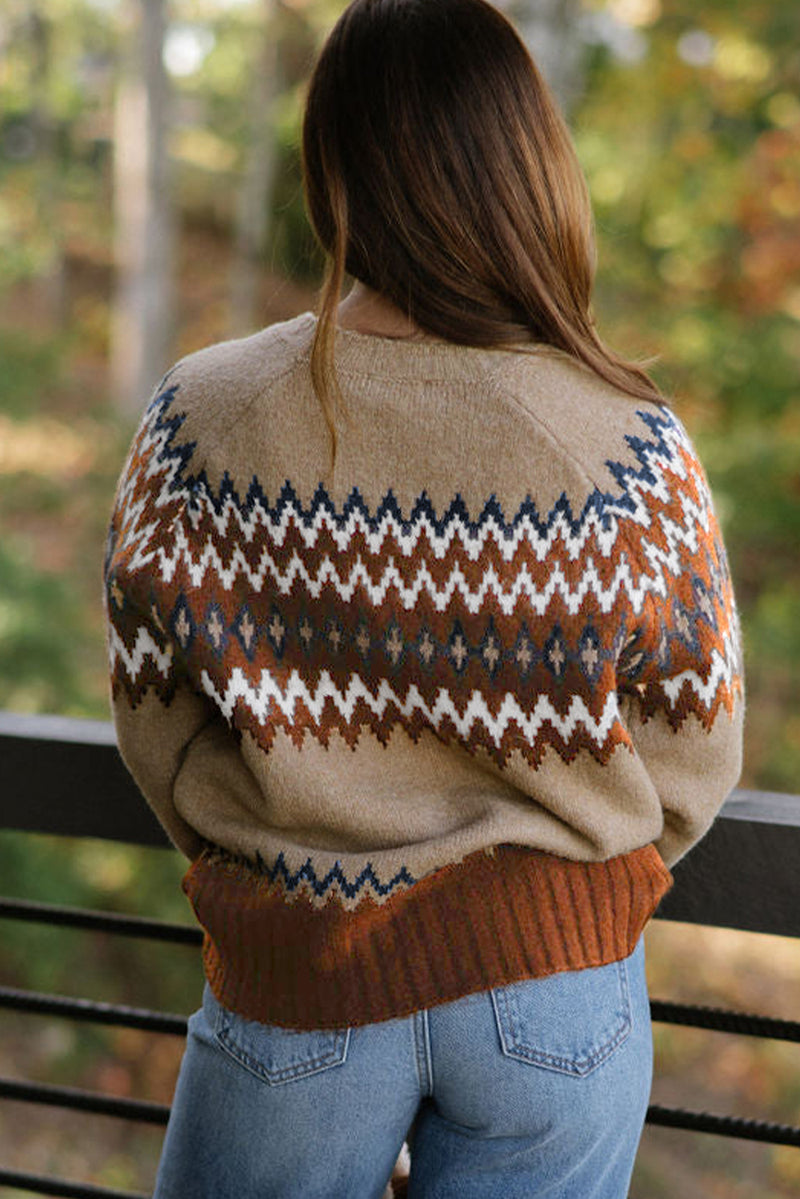 Aztec Print Colorblock Crew Neck Sweater