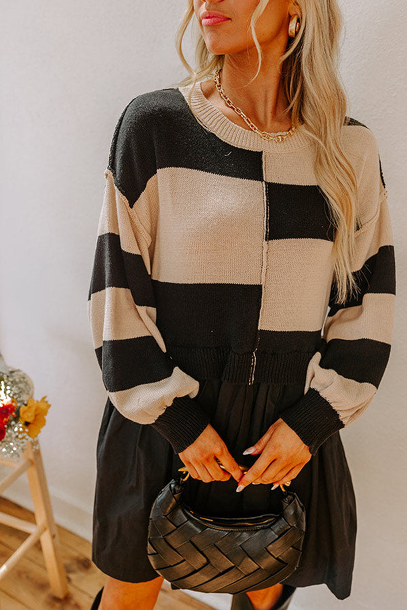 Stripe Two in One Knitted Top High Waist Splicing Hem Sweater Dress