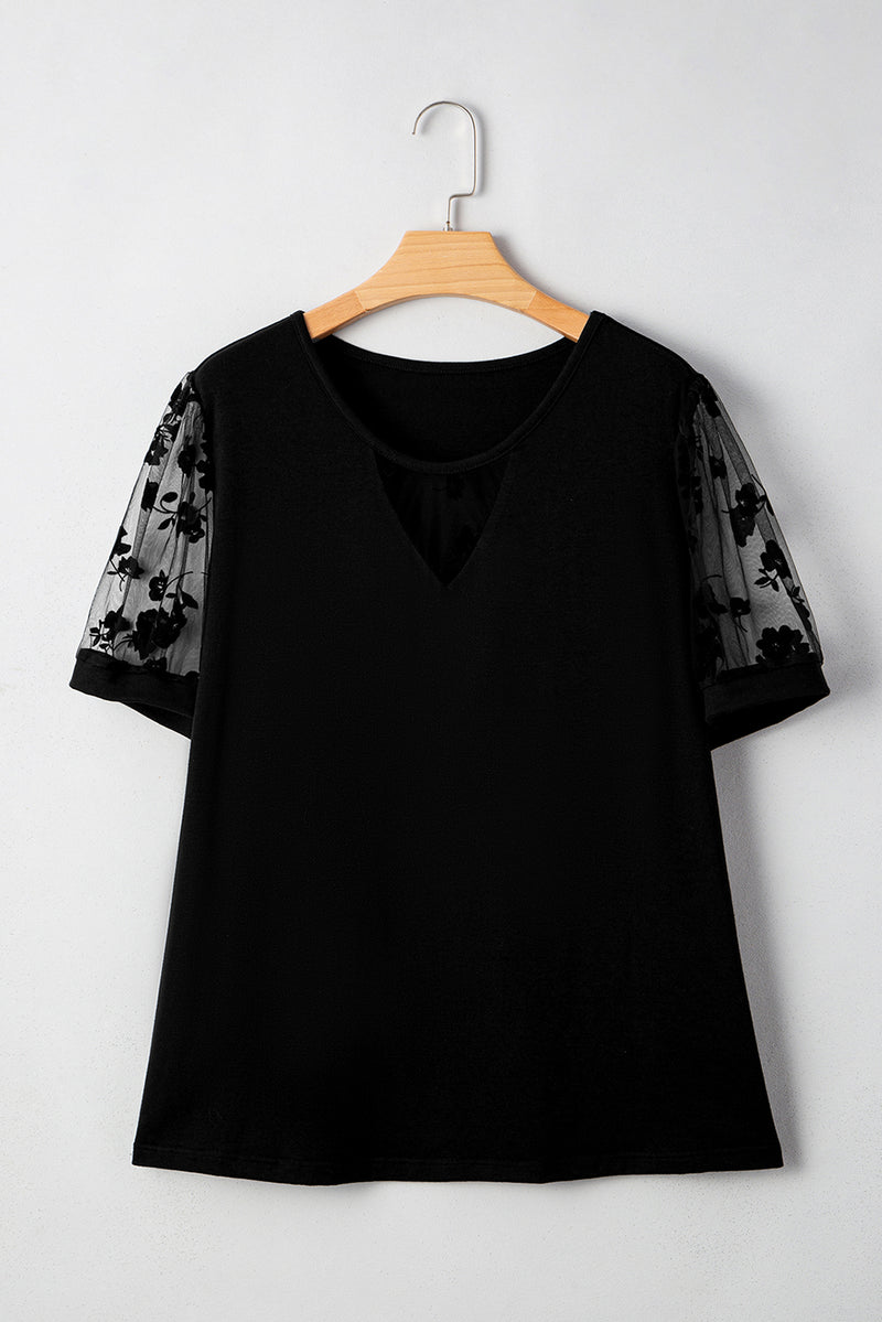 Floral Mesh Patchwork Loose V Neck Plus Size T Shirt