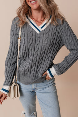 Grey Color Contrast Ribbed Edge Cable Knit V Neck Sweater