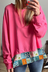 Dark Pink Floral Hemline Patchwork Round Neck Casual Top