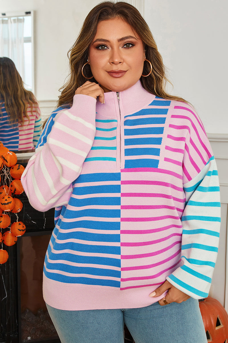 Stripe Colorblock Patchwork Plus Size Half Zip Sweater