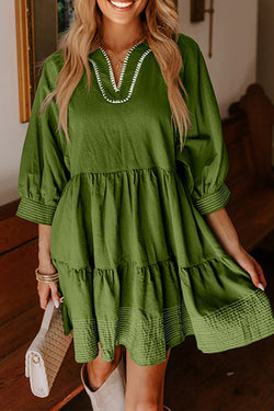 Contrast Stitched V Neck 3/4 Sleeve Tiered Mini Dress