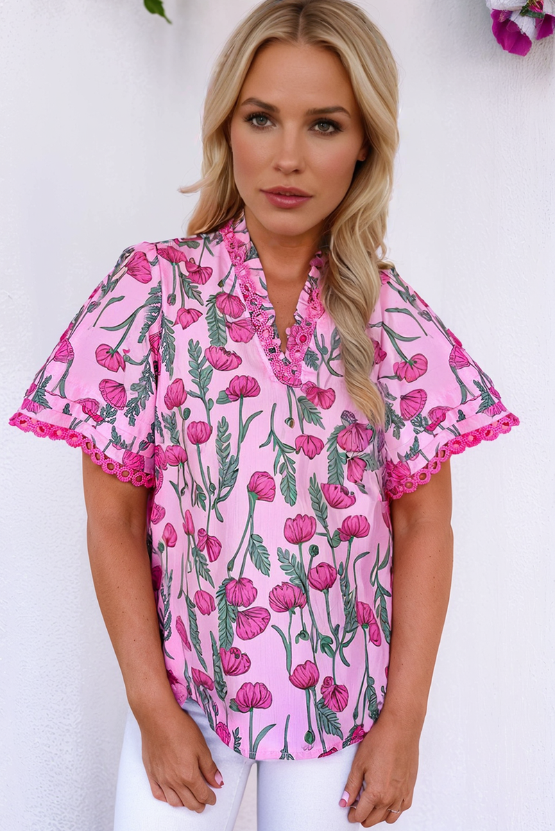 Floral Lace Detail Frilled V Neck Summer Blouse