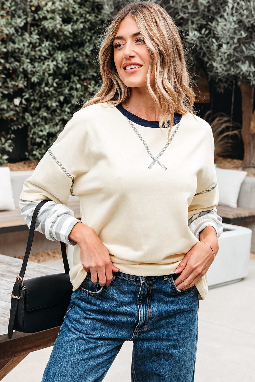 Striped Patchwork Long Sleeve Round Neck Two-in-one Top