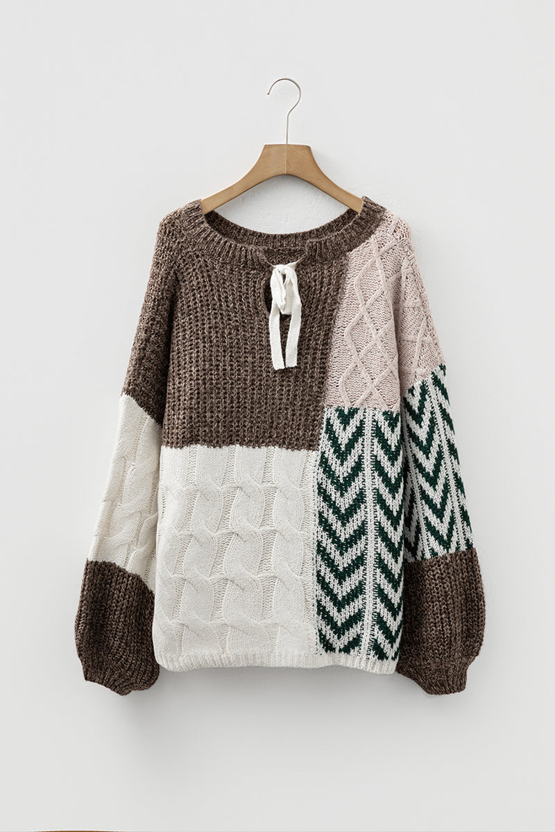 Color Block Patchwork Knotted Back Loose Fit Sweater