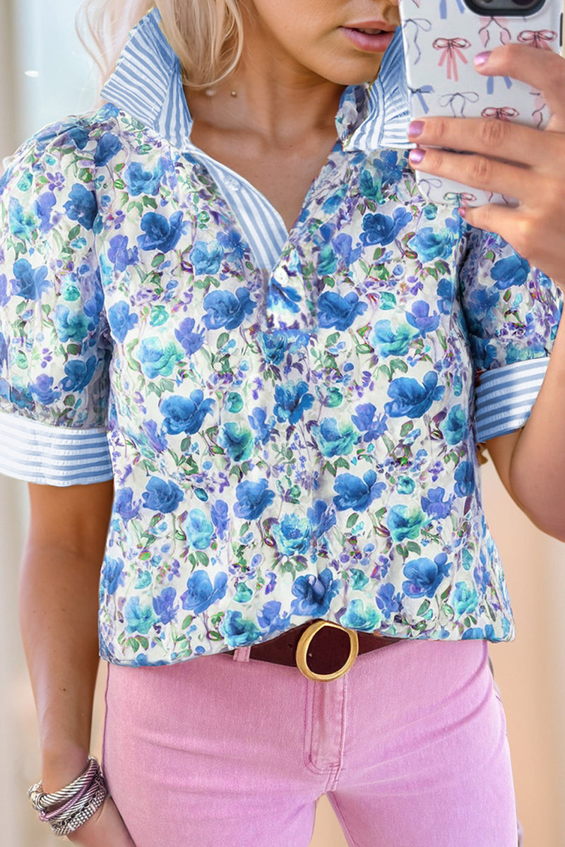 Red Floral Print Striped Patchwork Collared Short Sleeve Blouse