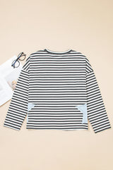 Stripe Starry Patch Drop Shoulder Raw Edge Casual Knit Top
