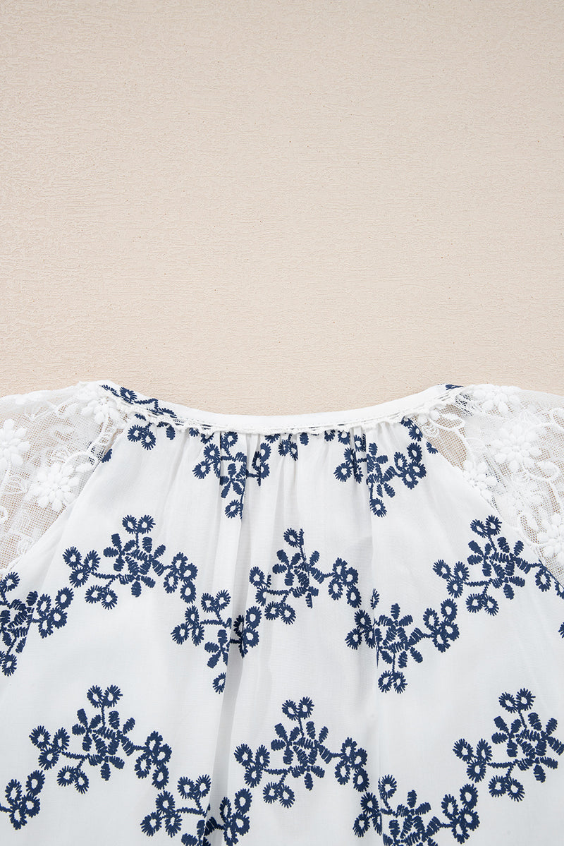 Lace Patchwork Floral Bubble Sleeve V Split Neck Blouse
