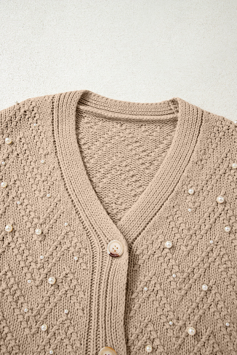 Pearl Embellished Button Front V Neck Sweater Cardigan