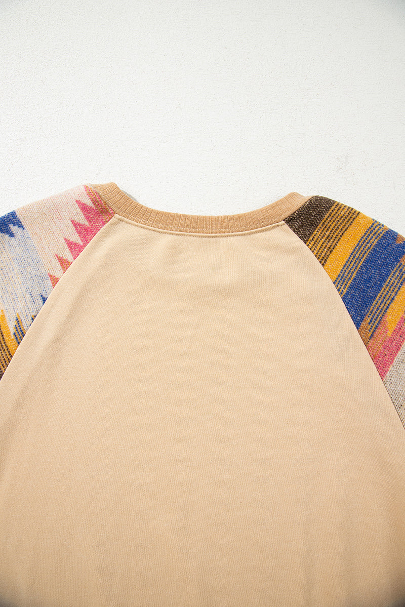 Light French Aztec Patchwork Raglan Pullover Sweatshirt