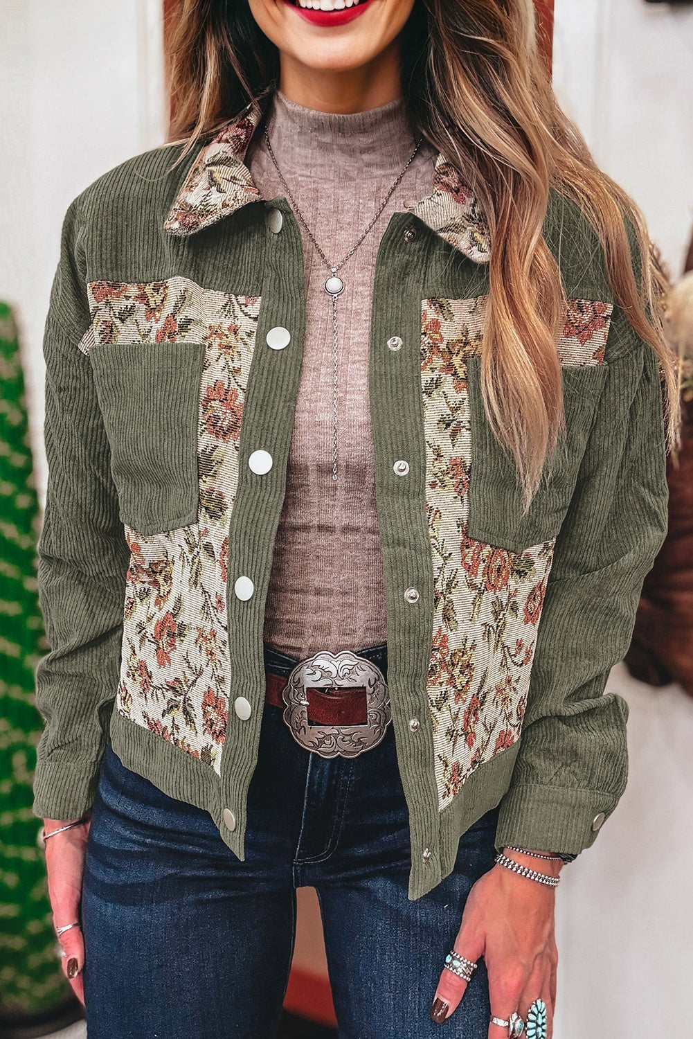 Ribbed Retro Floral Patchwork Shirt Style Jacket