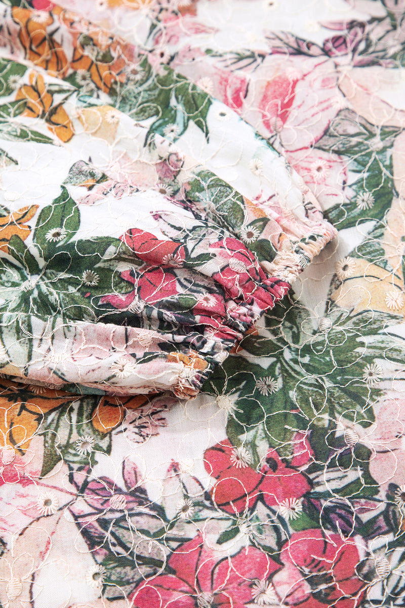 Floral Print Lace Embroidery Tie Split Neck Long Sleeve Blouse