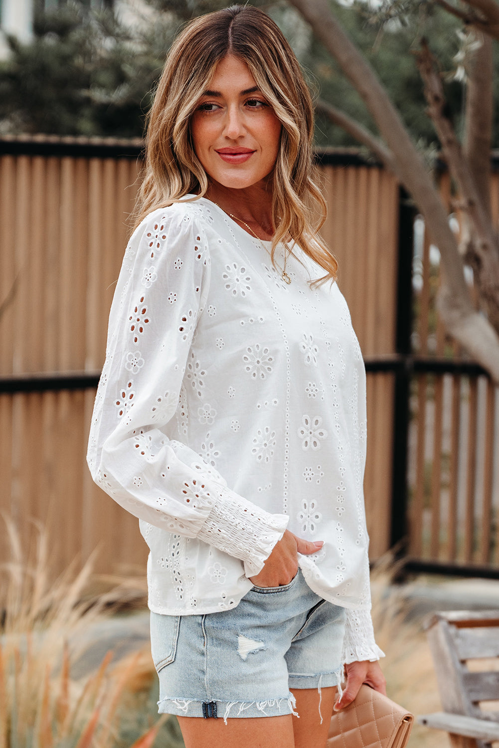 Eyelet Embroidered Smocked Cuff Sheer Blouse