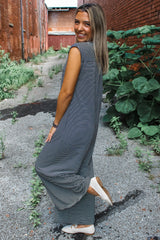 Striped Print Buttoned Wide Leg Sleeveless Jumpsuit