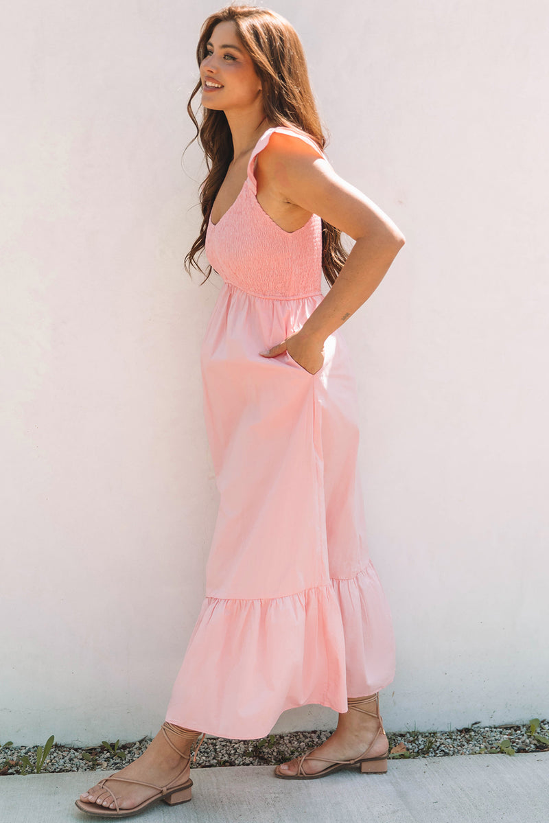 Solid V Neck Flutter Sleeve Smocked Bodice High Waist Ruffle Maxi Dress