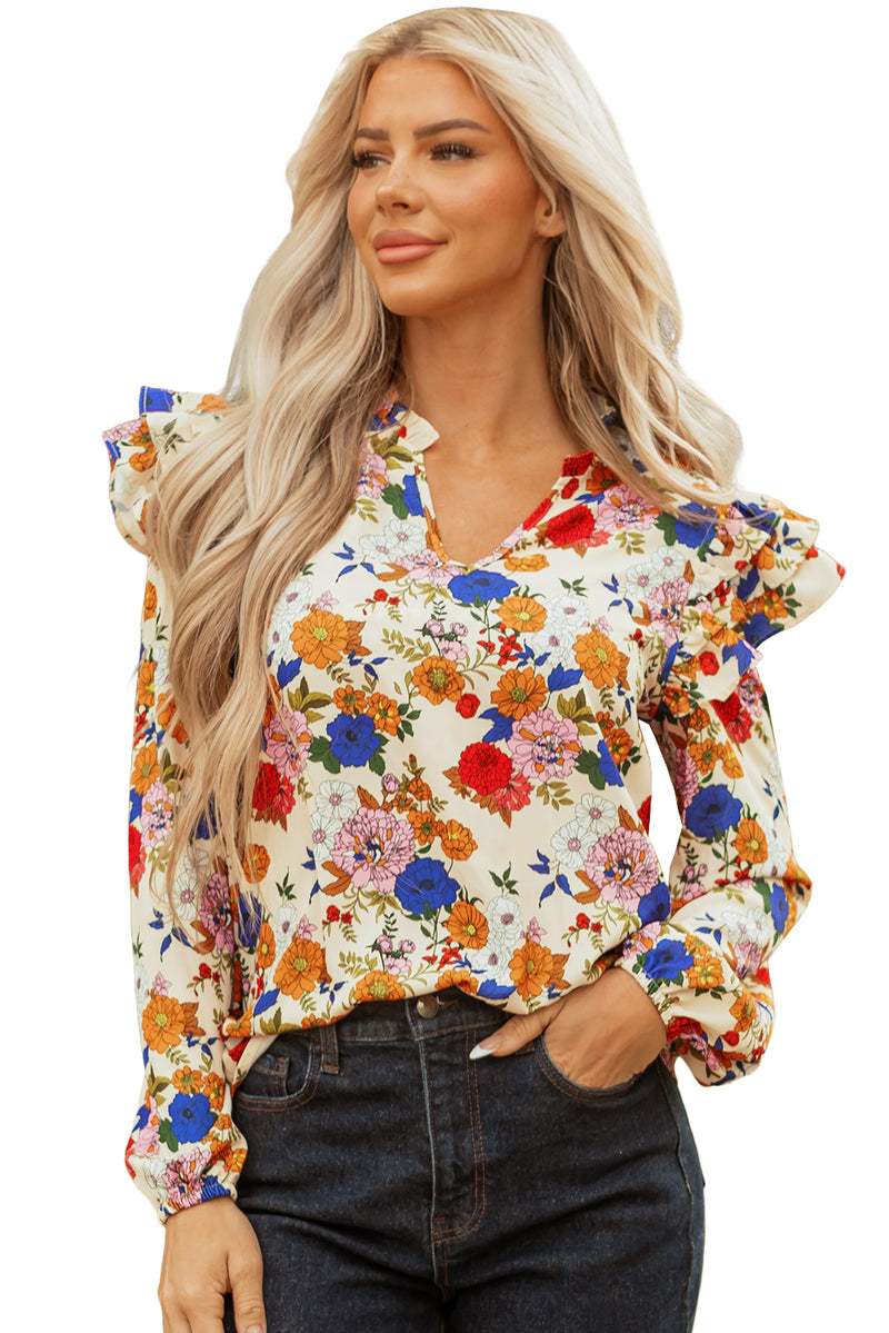 Ruffled Shoulder Long Sleeve Floral Blouse