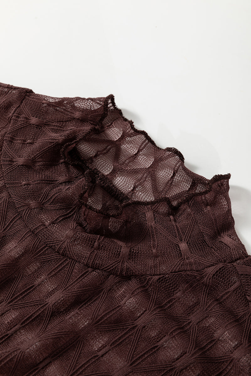 Sheer Mesh Patterned Lettuce Trim Slim Long Sleeve Top