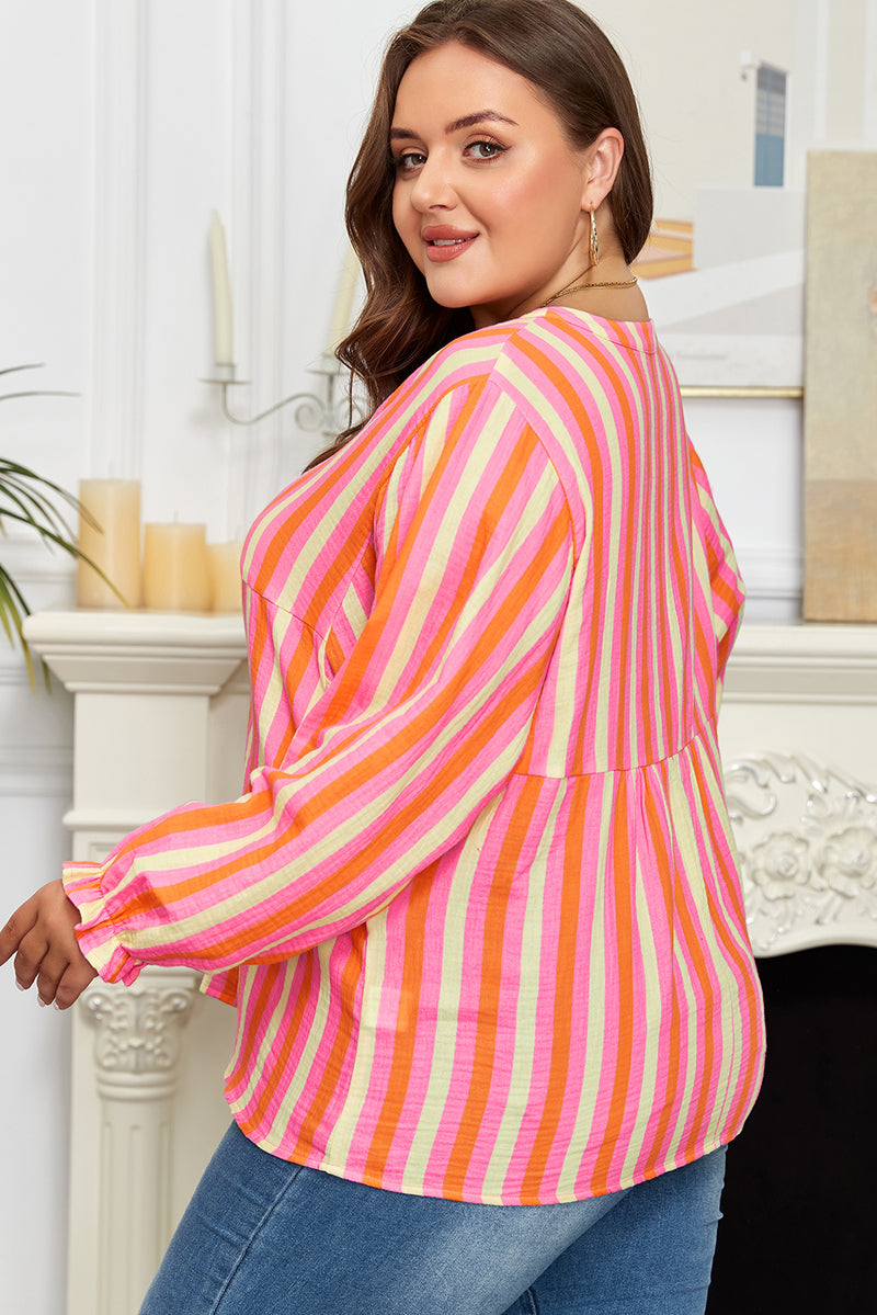 Stripe Crinkled Half Buttons V Neck Plus Size Blouse