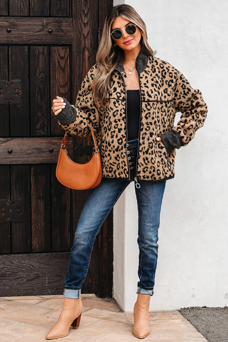 Leopard Print Zip Up Stand Neck Side Pocket Jacket
