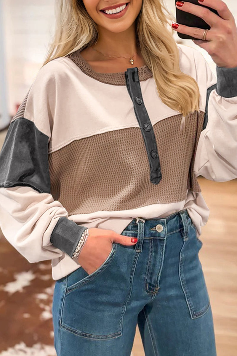 Beige Color Block Waffled Patchwork Loose Henley Top