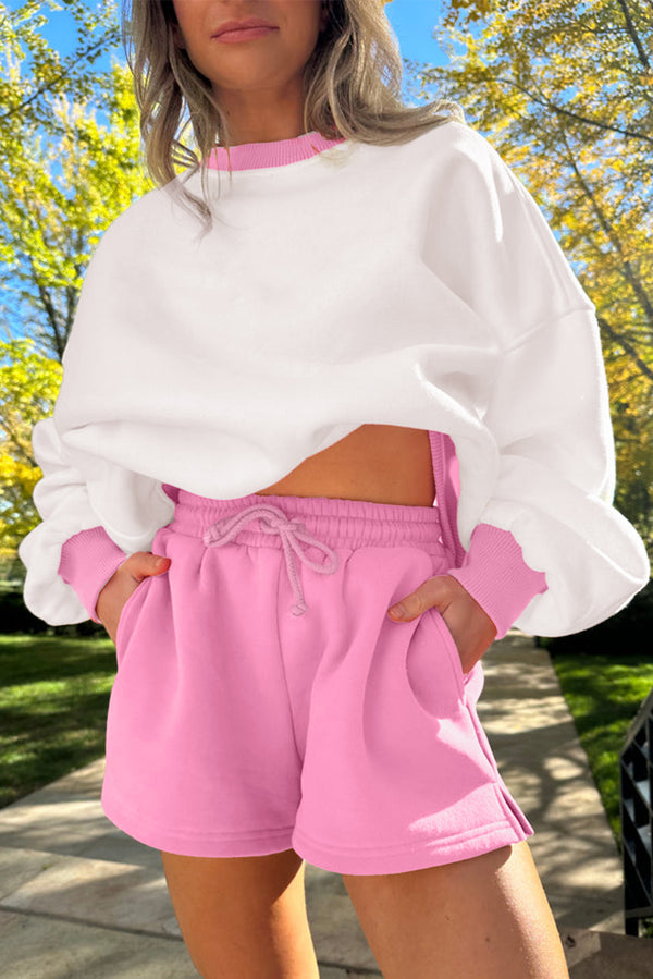 Color Block Pullover and Lace-up Elastic Waist Shorts Set