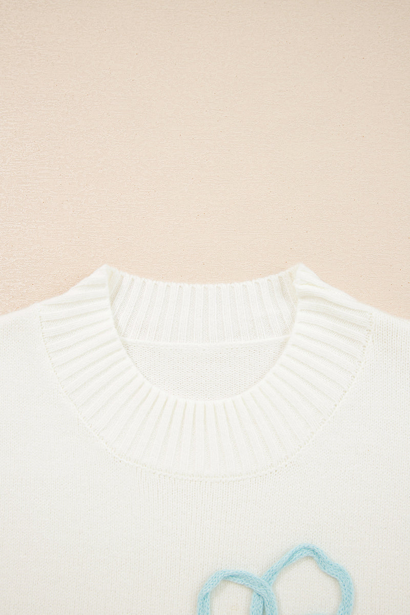 Embroidered Flower Bouquet Ribbed Trim Loose Sweater