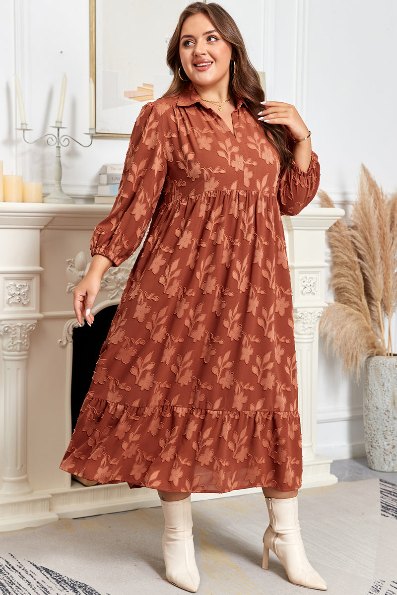 Plus Size Textured 3D Flower Pattern Ruffle Hem 3/4 Sleeve Long Dress