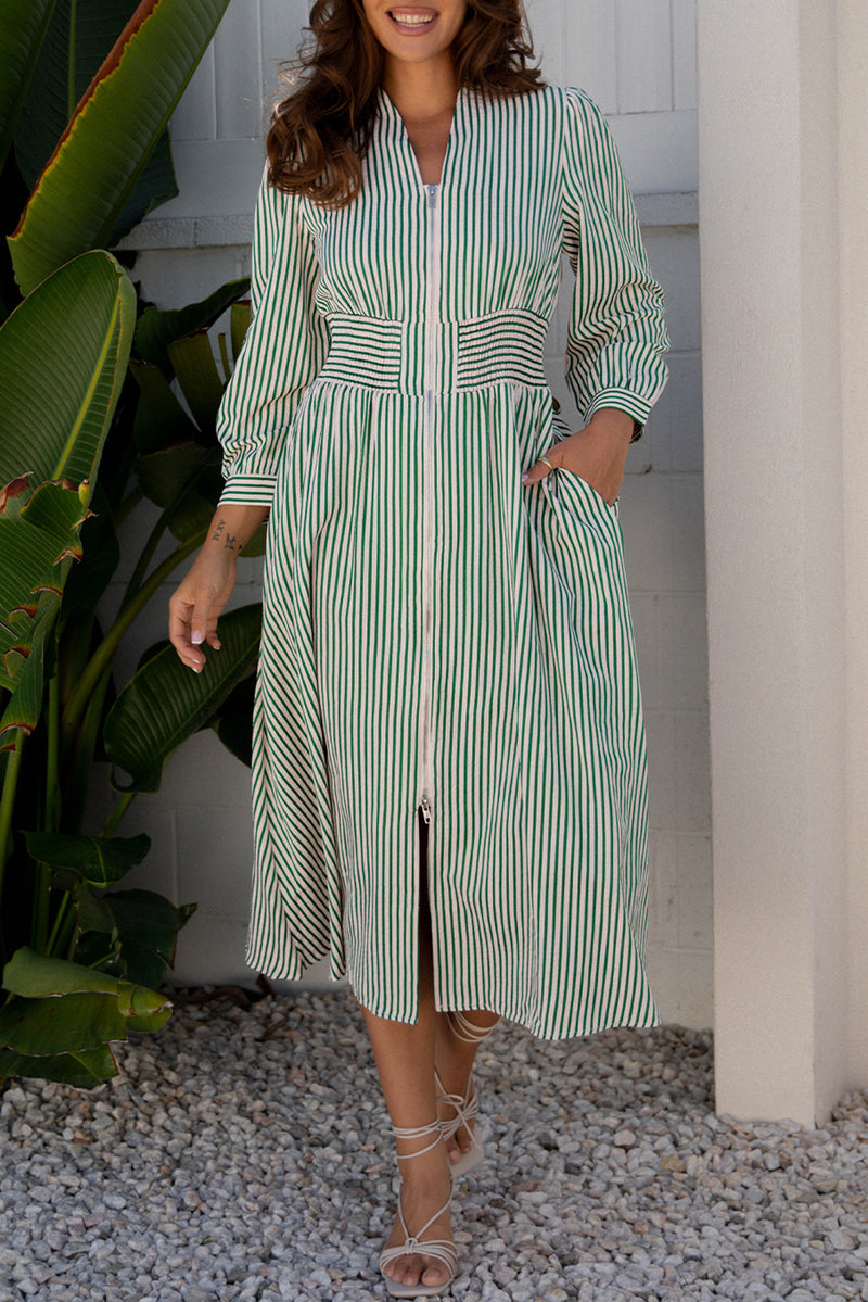 Stripe V Neck Zip Front Cinched High Waist Midi Dress