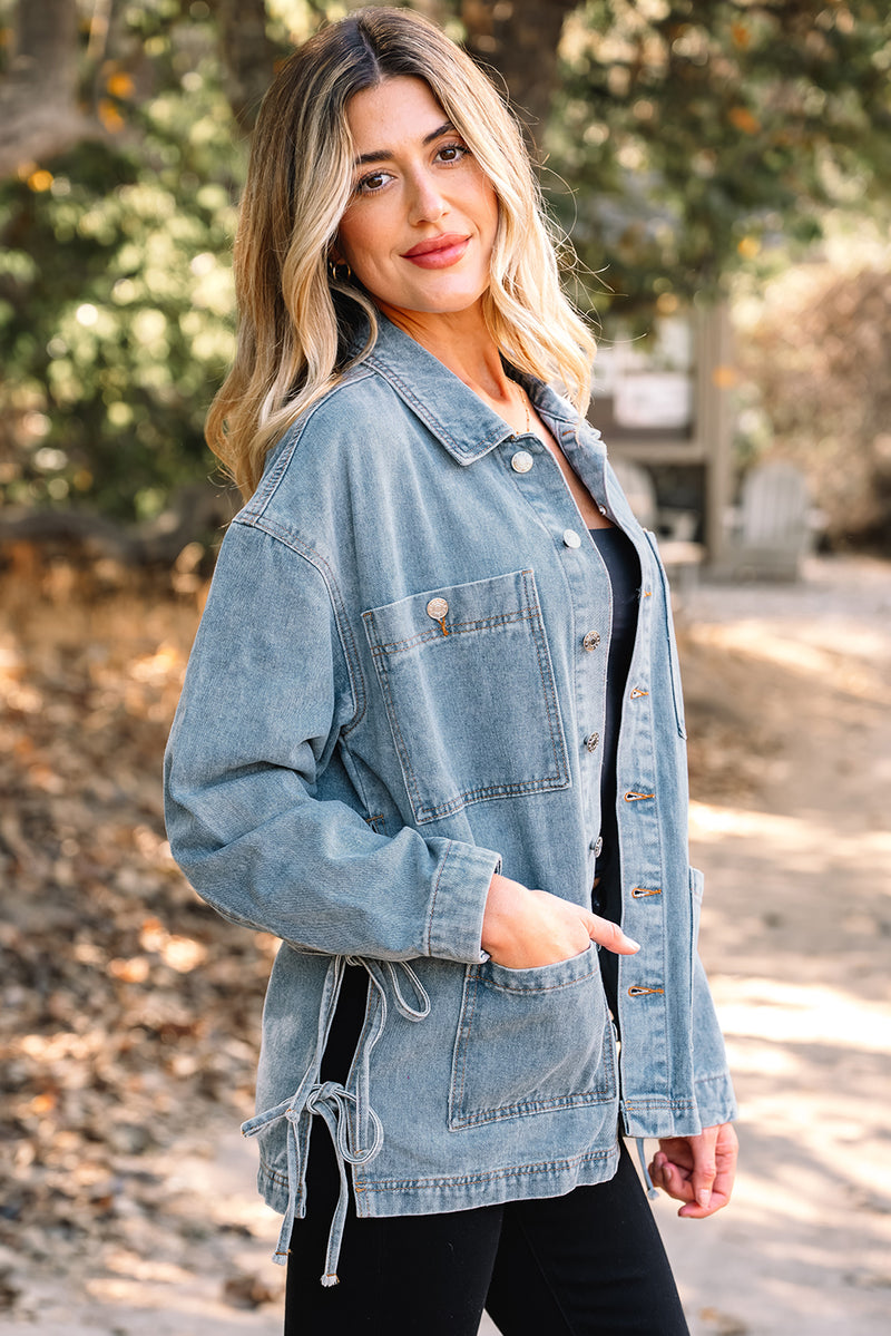 Multi Patched Pockets Side Tie up Boyfriend Style Denim Jacket