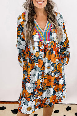 Floral Print Striped Lace V Neck Long Sleeve Mini Dress