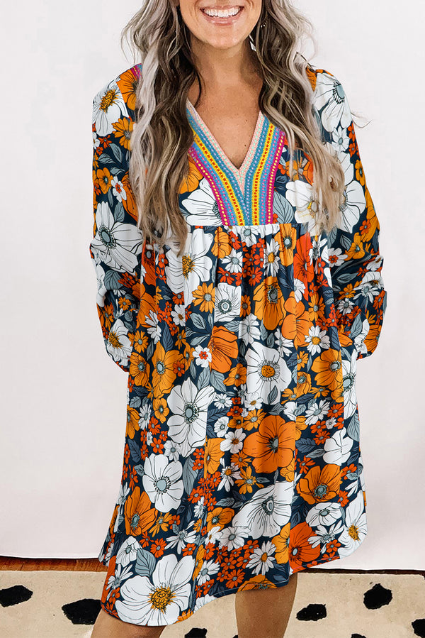 Floral Print Striped Lace V Neck Long Sleeve Mini Dress