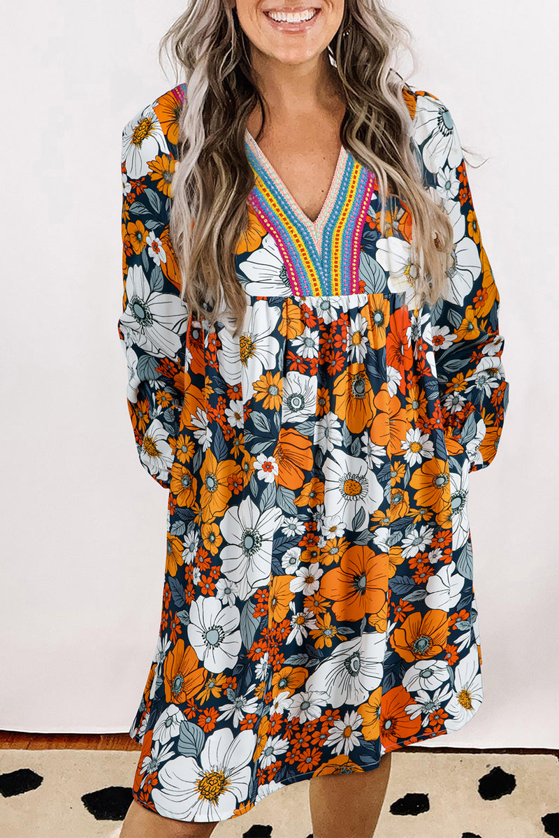 Floral Print Striped Lace V Neck Long Sleeve Mini Dress